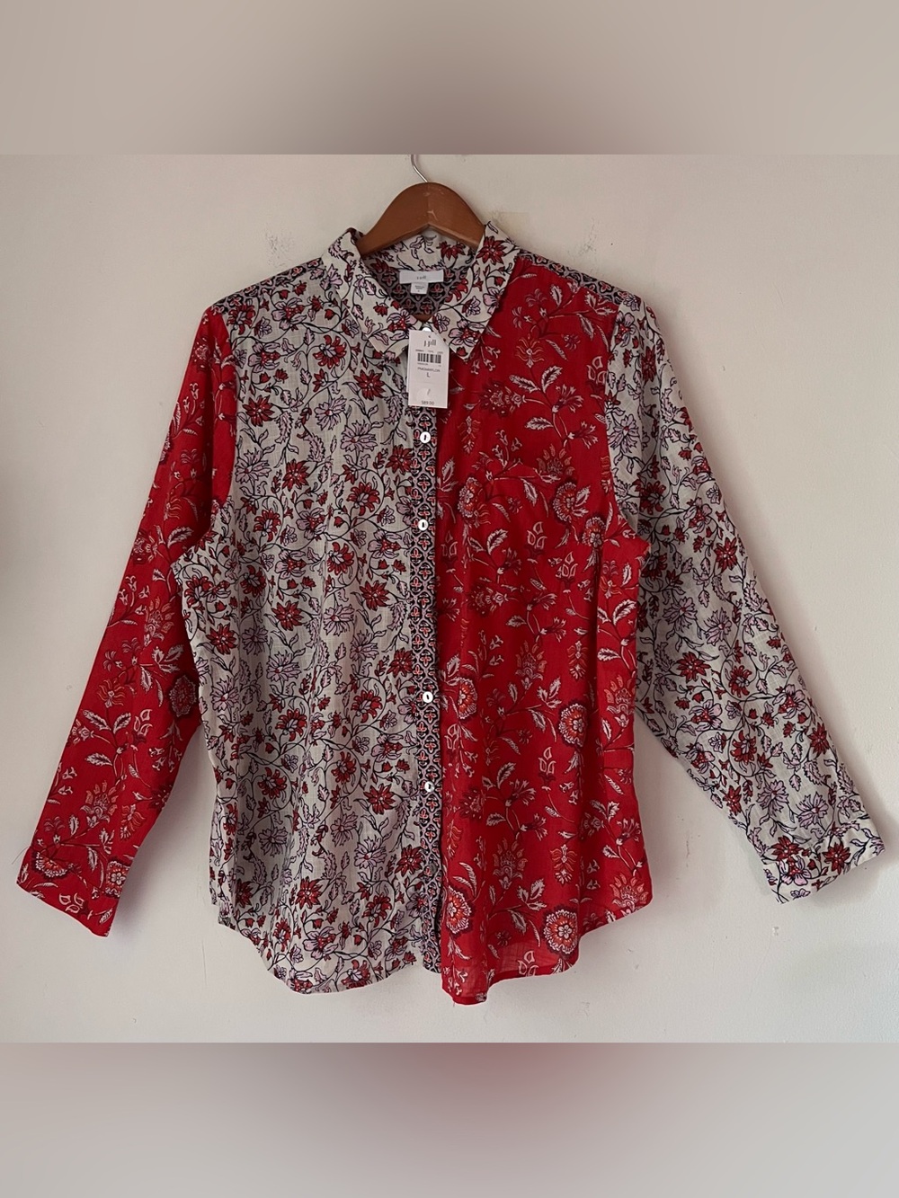 NWT J Jill One-pocket Shirred-back Mixed Floral Button Down Shirt Sz L